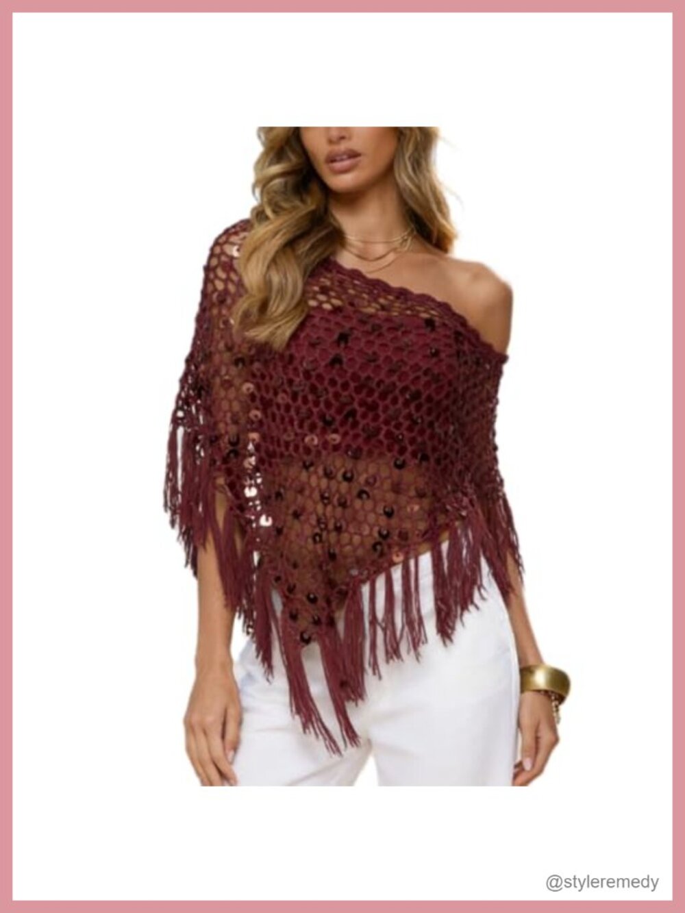 Crochet Sequin Poncho Cover Up Sheer Mesh Fringe Beach